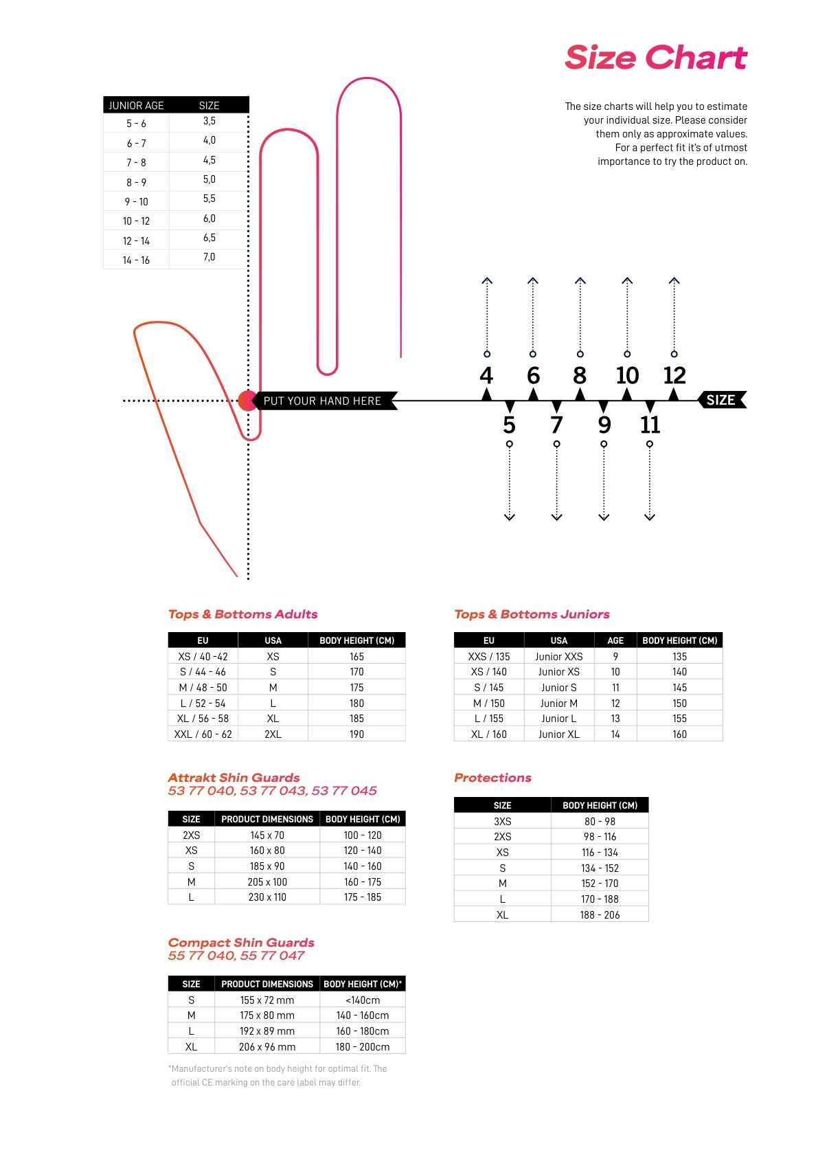 Reusch size chart for junior gloves, shin guards and clothing