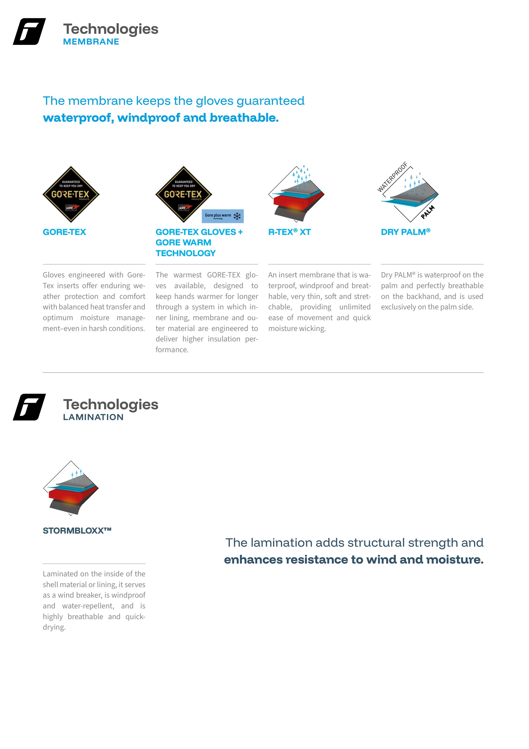 Reusch membrane and lamination technologies: GORE-TEX, R-TEX XT, Dry PALM, StormBloxx