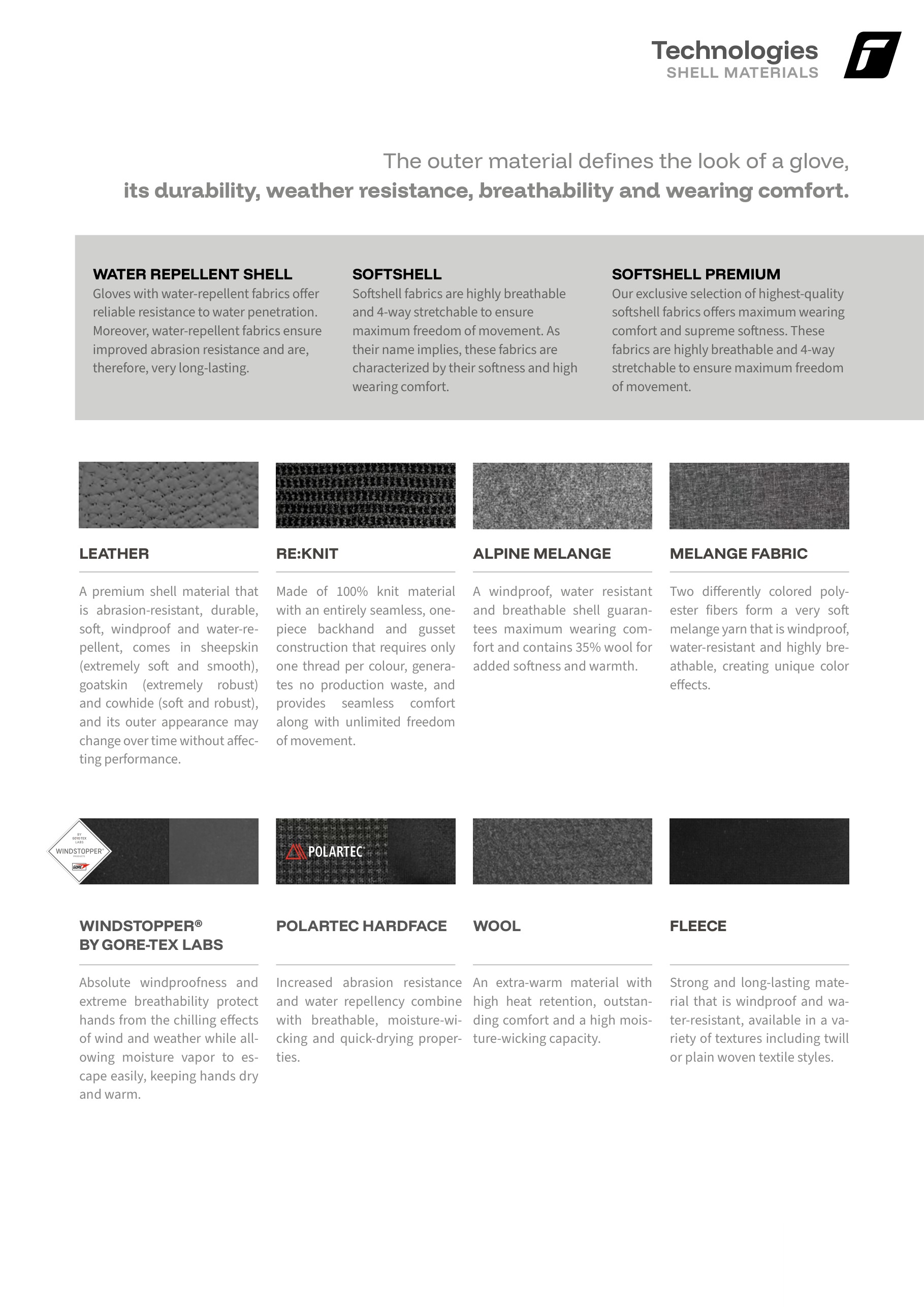 Reusch shell materials: leather, RE:KNIT, melange, WINDSTOPPER, Polartec, wool, fleece